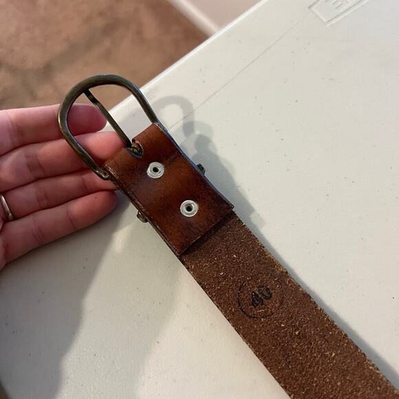 Brown Painted Tooled Southwestern Genuine Leather Brass Buckle Belt Size Large - Picture 6 of 12